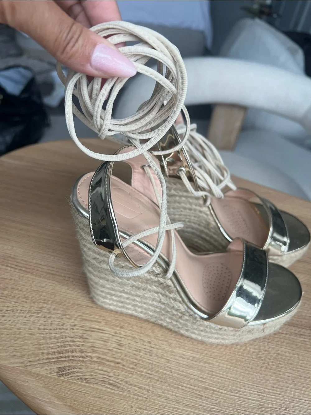 Zara Metallic Gold Espadrille Wedge Sandals with Cream Ankle Tie